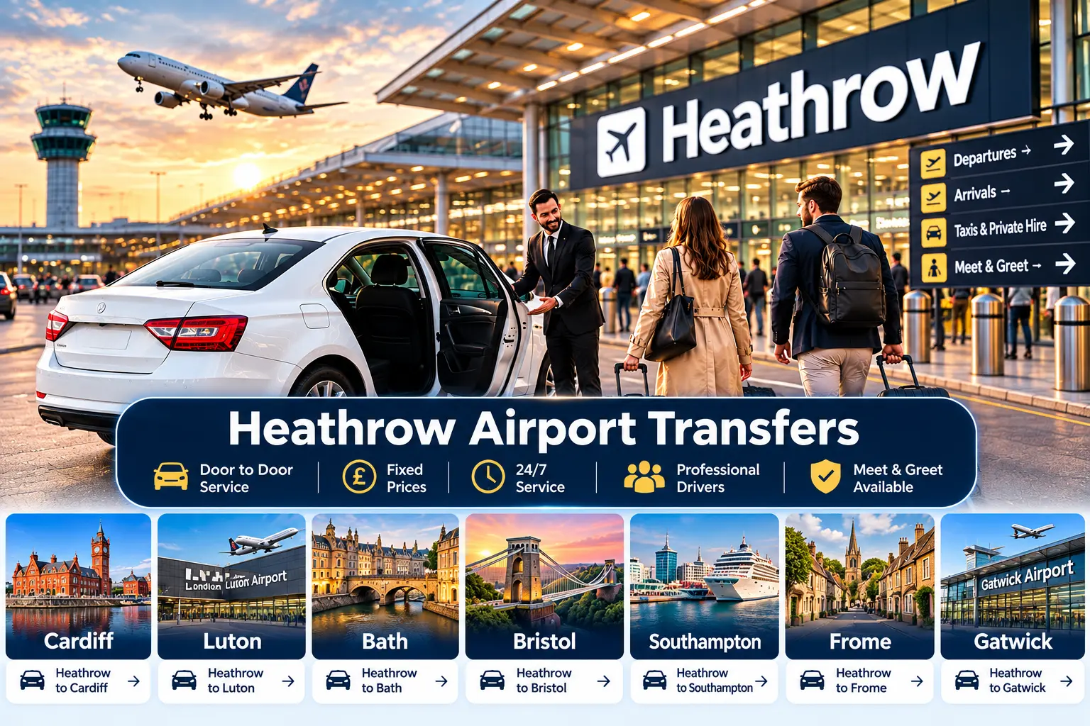 Heathrow Airport taxi transfer routes including Cardiff, Luton, Bath, Bristol, Southampton, Frome, and Gatwick