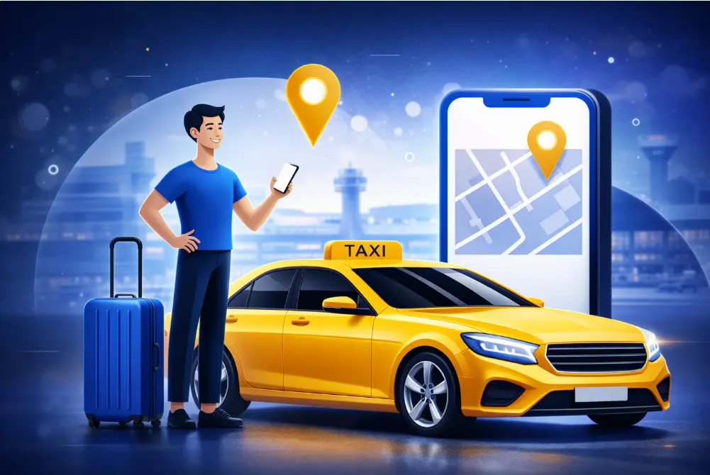 Private hire taxi service UK with modern yellow taxi, mobile booking app and passenger with luggage